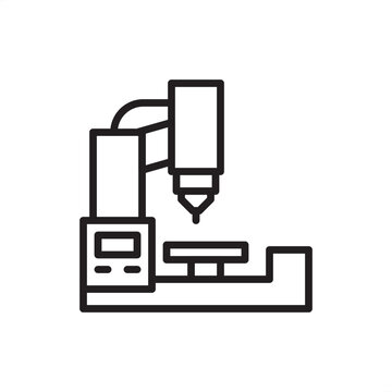EDM machine icon. Spark erosion tech, representing electrical discharge hardware, precision CNC machining systems, metal die manufacturing, electro-thermal engineering, and industrial tool production.