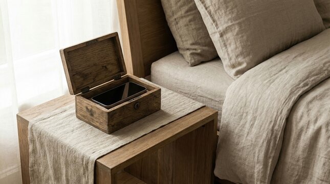 Minimalist bedroom scene with natural linen textures. A wooden lockbox sits on a nightstand containing a smartphone. Soft morning light. Calm atmosphere. Close up on texture and object. 