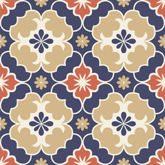 Seamless ornamental vector pattern with floral tile motifs in navy, beige and terracotta tones. Vintage geometric design ideal for wallpaper, textile and surface print