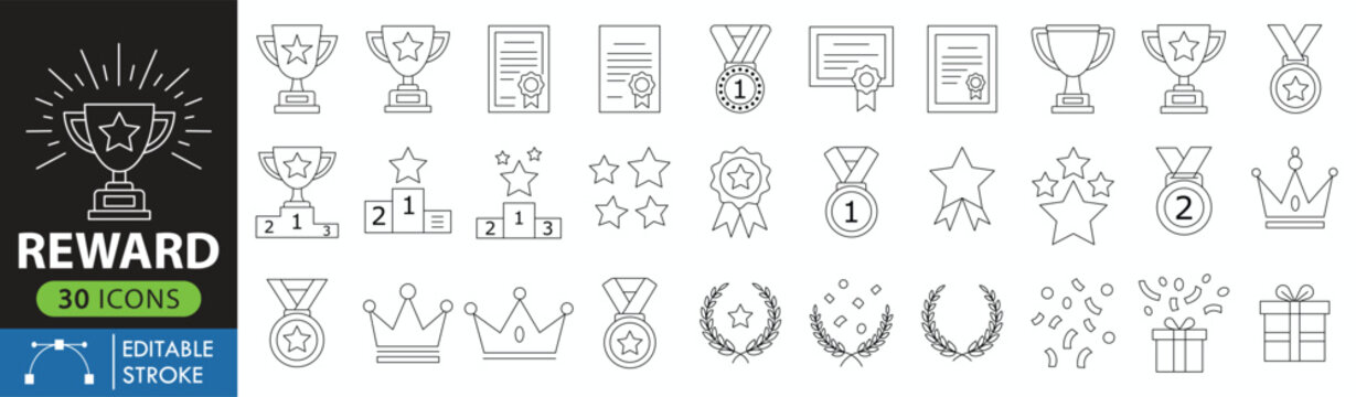 Reward line editable icon set. Contain icons related to achievement, awards, and recognition. Editable stroke. Vector illustration