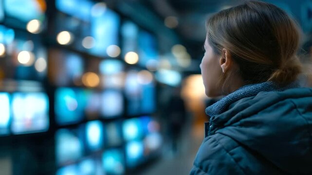 Curious woman viewing array of screens displaying diverse multimedia, reflecting vastness of digital content, media consumption scene, multi-screen viewing, faceless person