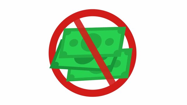 Prohibited money transaction sign with green banknotes and red cancel circle in a transparent background for cashless payment or anti-corruption symbol. Red stop sign over paper currency bill.