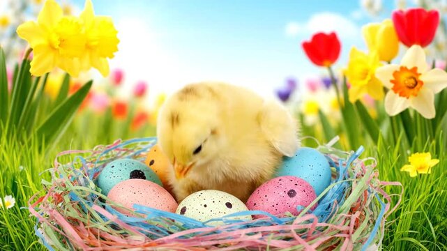 Close up of a chick with colorful easter eggs in a decorative nest
