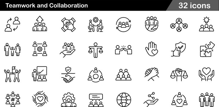 32 Teamwork and Collaboration Icon Set Mentorship, Unified Effort, Interlocking Hands and Global Team Symbols in Minimalist Black and White Line Art