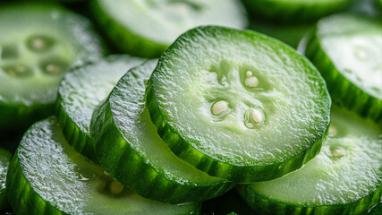 Close-up shot of fresh green cucumber slices with water droplets showing crisp texture and seeds