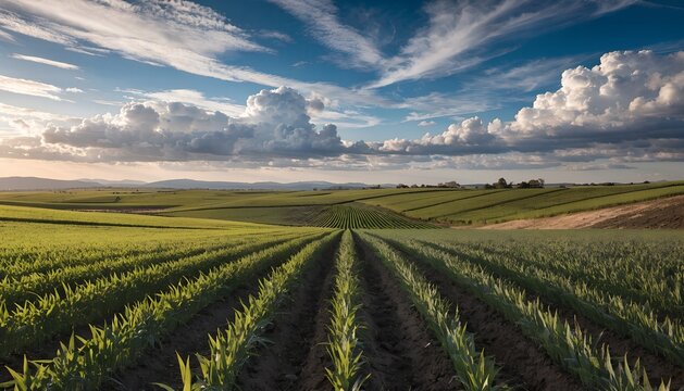 Vast green fields stretching towards the dramatic sky with scattered clouds.