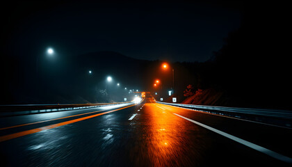 First Person Driving Down Dark Empty Highway At Night With Only Headlights Illuminating Roads And Signs