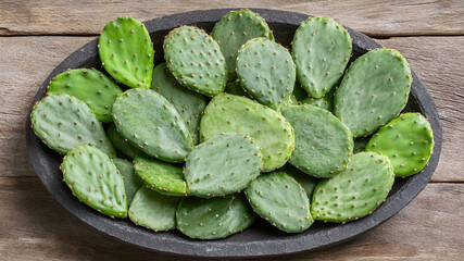 Fresh edible prickly pear cactus pads arranged in a black oval bowl on a rustic wooden table