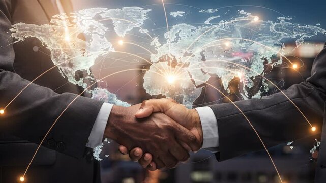 A handshake represents global partnership and success, overlaid on a world map and cityscape. It signifies corporate achievement, connection, and international relations in a modern setting