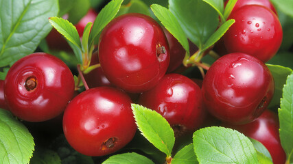 Ripe red garden huckleberries with water droplets growing on a branch with vibrant green leaves