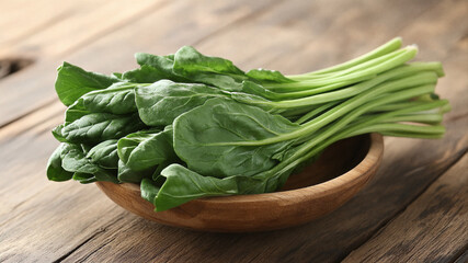 Fresh bundle of green Gai Lan or Chinese broccoli in a wooden bowl on a rustic timber table