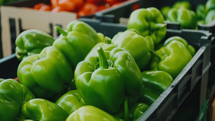 Fresh green bell peppers piled high in a black plastic crate at a market