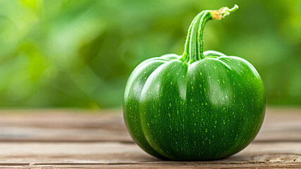 A single vibrant green pumpkin sitting on a rustic wooden table with a blurred natural green background