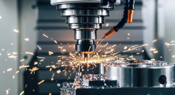 Industrial metal milling machine in action with sparks flying, manufacturing process.
