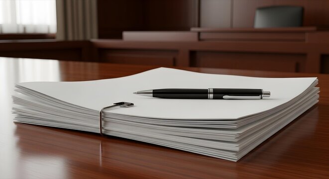 Close Up of Legal Documents and Pen on Wooden Table in Courtroom