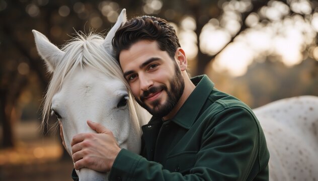 Handsome bearded man hugging white horse outdoors. Male equestrian showing affection to animal friend. Nature and friendship concept