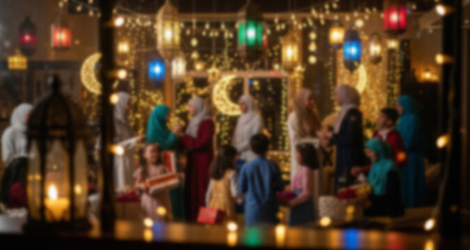 Eid Mubarak Celebration with Muslim Family Members Greeting Each Other
