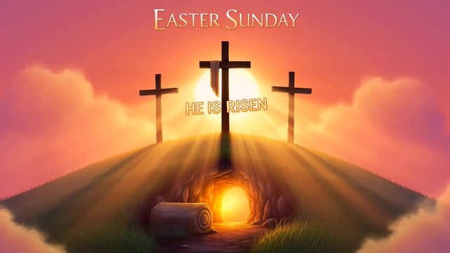 Easter Sunday Resurrection Scene with Crosses and Empty Tomb at Sunrise