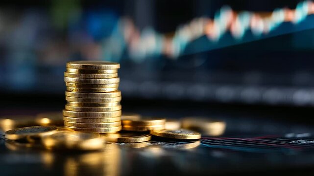 Stacked golden coins rising against vibrant backdrop of financial charts, symbolizing growth and wealth, financial success visualization, investment growth concept, monetary