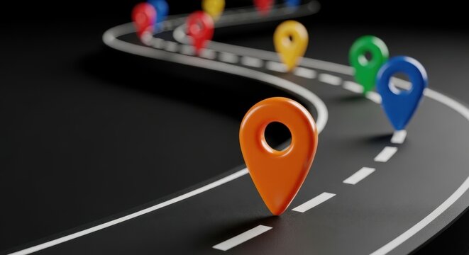 Vibrant 3D map pins marking a winding path on a dark road, symbolizing navigation, journey, and strategic progress towards a destination.