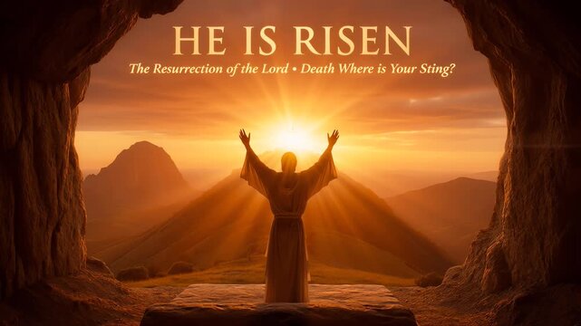 Risen Lord with Arms Raised from an Empty Tomb at Sunrise