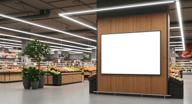 Modern supermarket interior with a large blank advertising billboard on a wooden wall, showcasing fresh produce aisles in a brightly lit, clean retail environment.