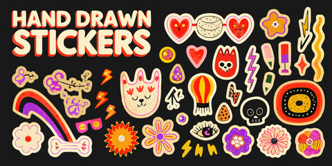 Fototapeta premium Colorful hand drawn stickers featuring hearts stars and playful cartoon designs