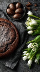 A chocolate cake and white flowers arranged on a wooden table with soft natural lighting, ideal for bakery, celebration, or dessert-themed visuals.
