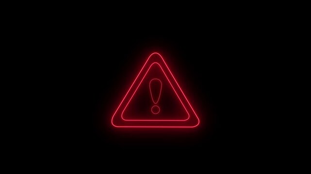 Red neon warning triangle sign with exclamation mark blinking