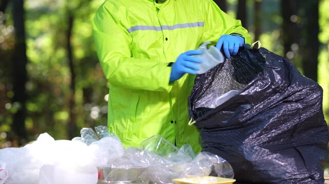 Plastic pollution cleanup by volunteer. Ecological action against garbage. Environmental hand recycling plastic. Volunteer protecting forests from waste. Ecology and recycle awareness.