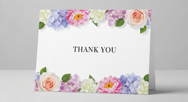 Elegant thank you card featuring beautiful floral borders with pink peonies white hydrangeas and peach roses on textured paper background for appreciation and kind messages