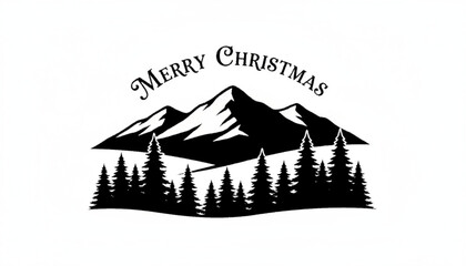 Vintage Merry Christmas Mountain Landscape Silhouette with Rustic Pine Forest Trees