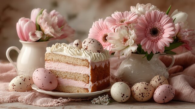A slice of cake decorated with pink flowers and Easter eggs sits on a wooden table in soft natural daylight, perfect for spring or holiday-themed designs.