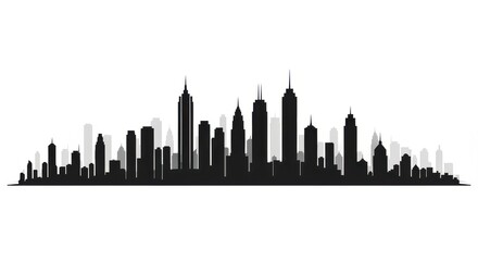 Fototapeta premium Black silhouette of a modern city skyline with diverse skyscrapers against a white background.