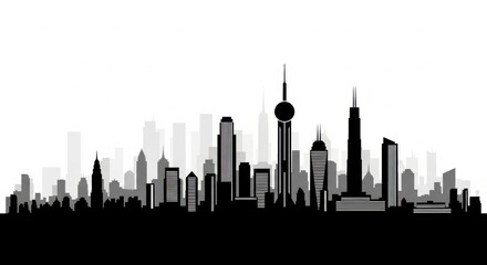 Obraz premium Diverse city skyline silhouette with iconic skyscrapers and modern architecture against white.