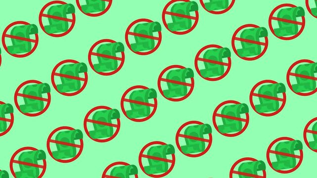 Seamless pattern with prohibited money icons and red cancel signs for cashless transaction in background animation. Repeating cashless payment symbols with green banknotes wallpaper.