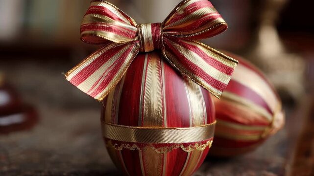 Decorative eggs on a table with a golden bow and red stripes during a spring celebration