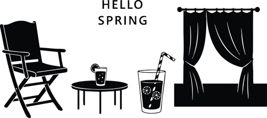 Fototapeta premium Minimalist black vector art of folding chair and round table with glass of iced drink by window with curtain and hello spring text in simple flat design style summer vibe illustration
