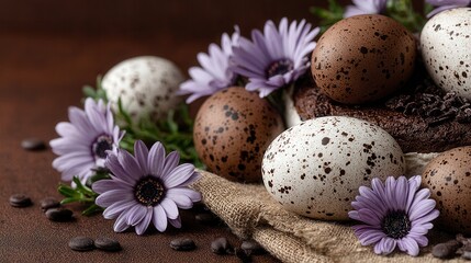 Obraz premium Close-up of white eggs and delicate flowers arranged on a textured cloth, surrounded by scattered dark coffee beans, ideal for breakfast or spring themes.