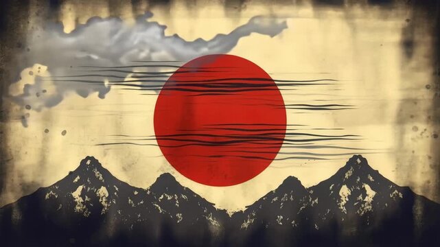 Traditional Japanese Sun and Mountain Landscape Art