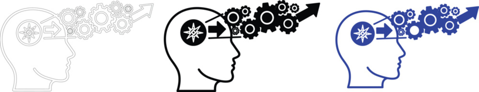 Set of human head silhouette with gears and progress arrow for innovation.