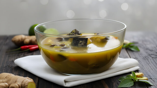Authentic Indonesian Pindang Ikan Tapah, a spicy yellow fish soup. Served in a clear bowl with chili and lemongrass on a rustic wooden table. Ideal for Asian culinary content.