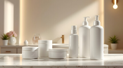 Fototapeta premium Aesthetic arrangement of white skincare products on a marble countertop, showcasing minimalist design and soft lighting.