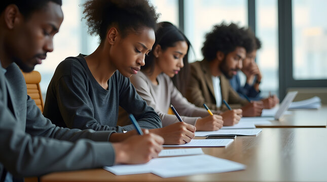 Diverse group of young adults focused on writing notes during a workshop session.