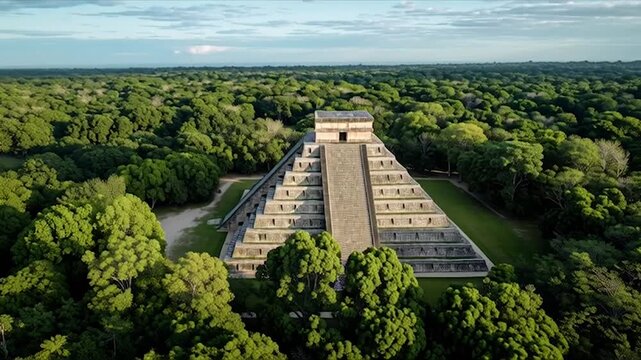 Ancient Mayan Pyramid of Kukulcan at Chichen Itza Surrounded by Lush Green Jungle.