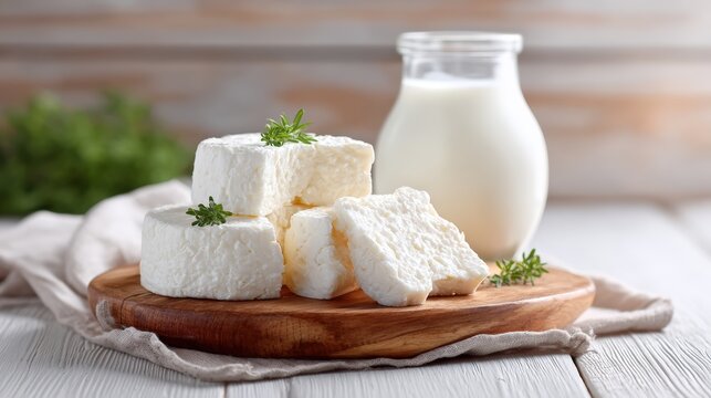 Goat milk in a glass bottle beside fresh goat cheese cubes on a wooden serving board, garnished with green herbs, arranged on a light wooden table with a rustic background