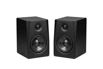 Obraz premium Pair of black studio monitor speakers isolated. Professional audio equipment mockup.