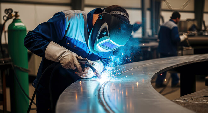 Professional welder in protective mask and blue uniform working with metal arc welding machine in industrial factory workshop with bright sparks