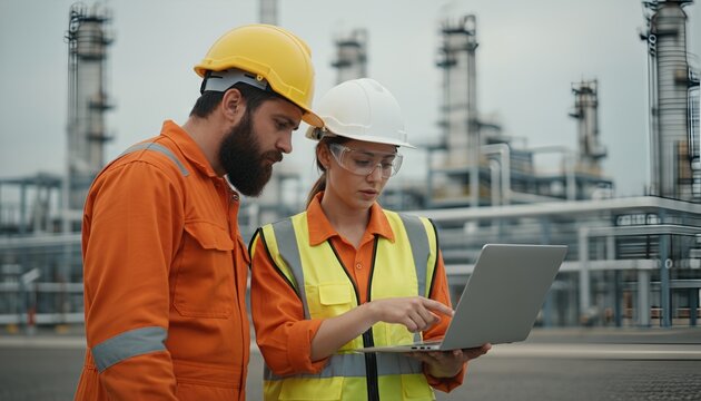 Two professional engineers in hard hats and safety gear using a laptop to monitor operations at an industrial oil and gas refinery plant.