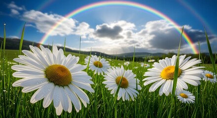 A vibrant rainbow arches over a field of white daisies on a sunny day. © UZLEFA BEGUM